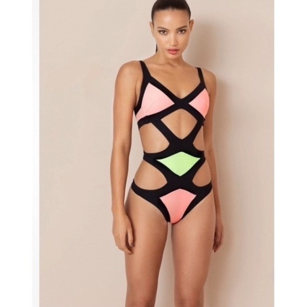 Agent Provocateur Mazzy Pink Turquoise Black Cutout Swimsuit Monokini AP 2 US‎ 4